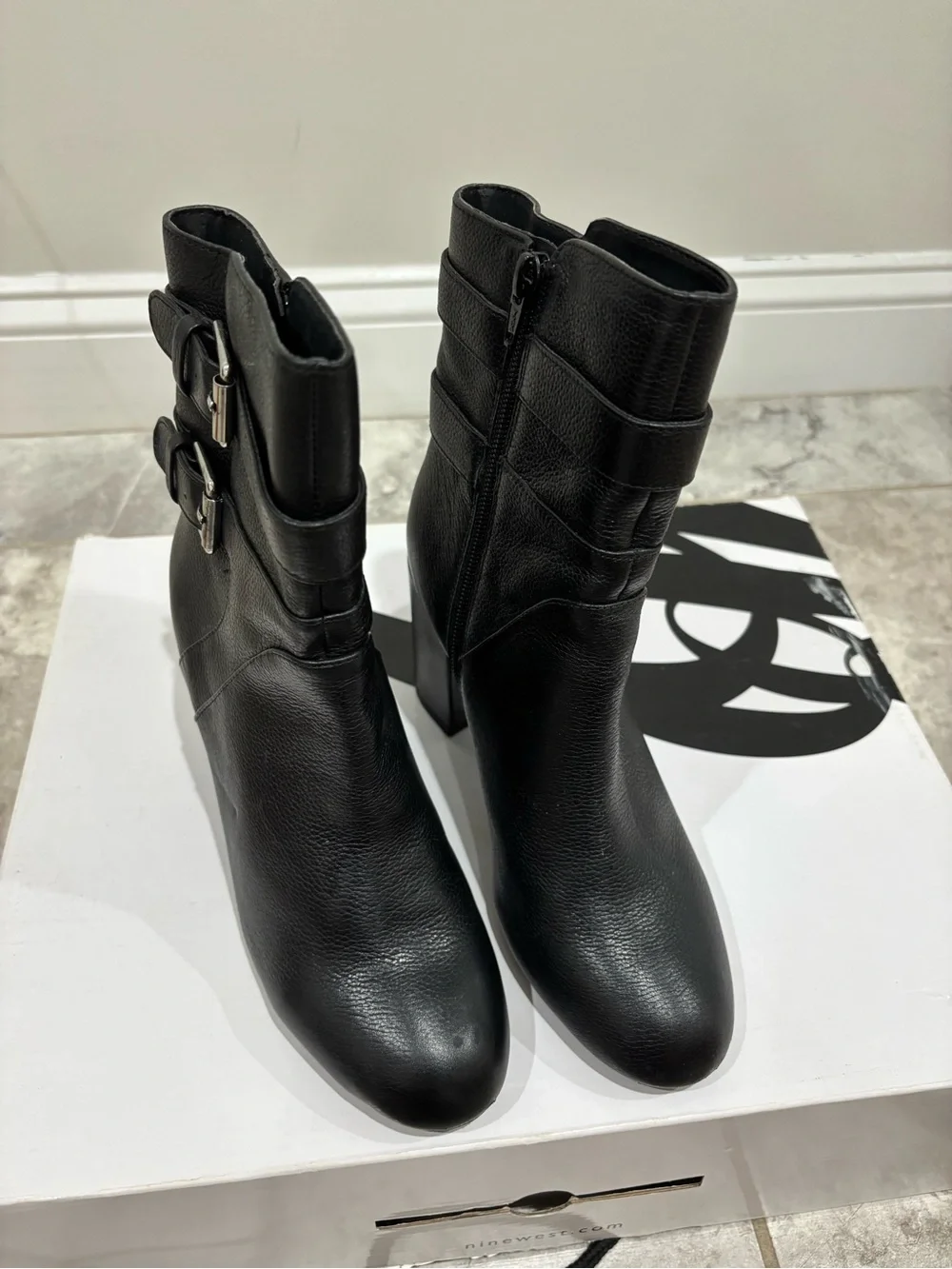 Nine West Black Leather Double-Buckle Block Heel Ankle Boots